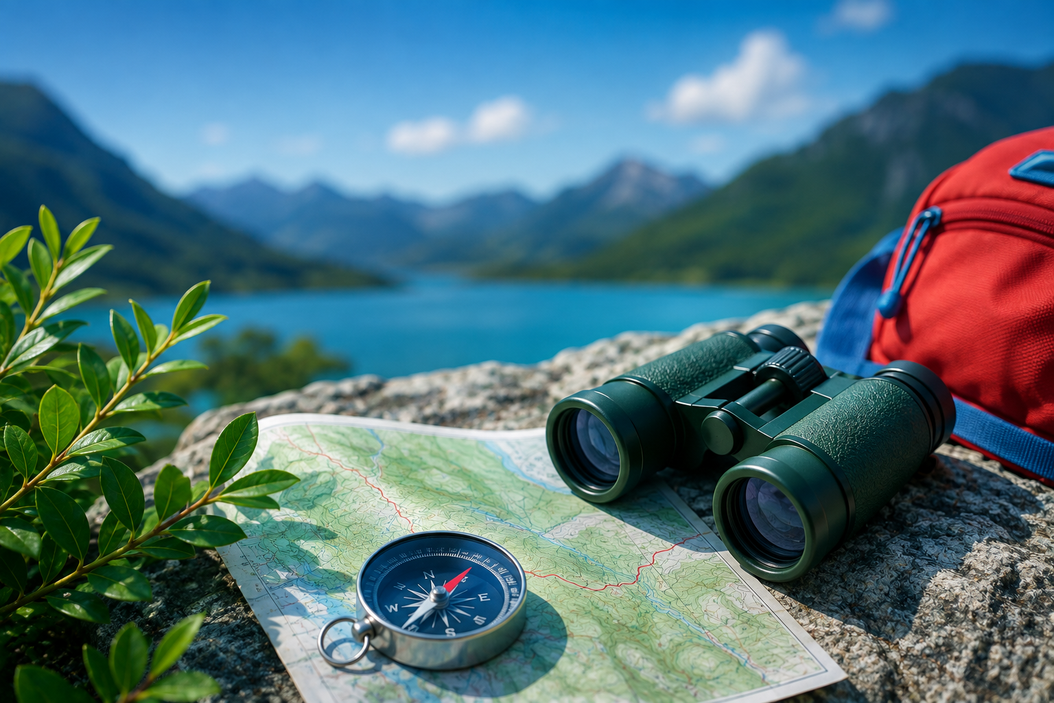 Map, compass, and binoculars by a mountain lake