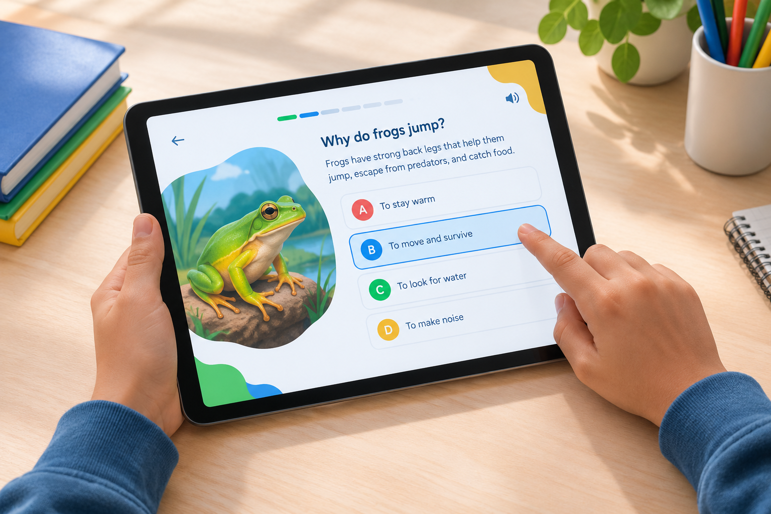 Child answering a science question on a tablet